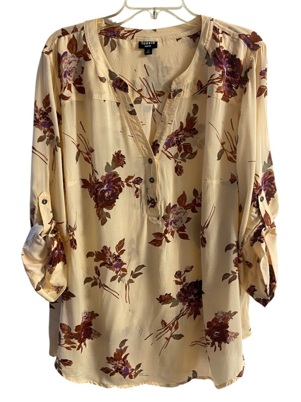Torrid Harper Cream Floral Henley Tunic with Maroon and Purple Blooms 3X